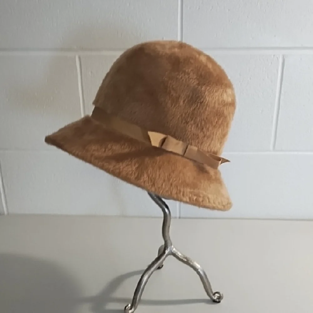 Shari Creations Soft Tan Fur Bucket Hat Grosgrain Hat Band